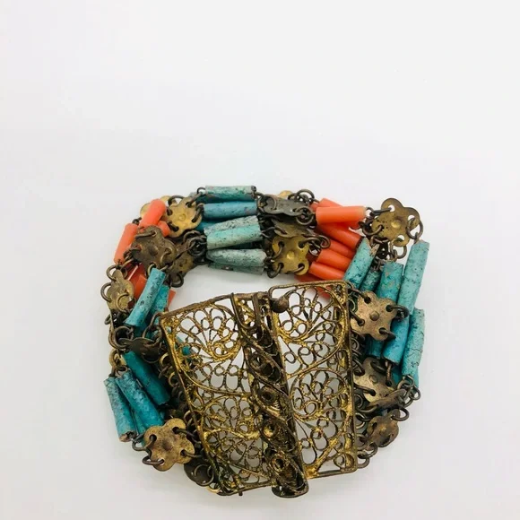 Rare Vintage Egyptian Revival Faience brass filigree bracelet - Picture 1 of 16